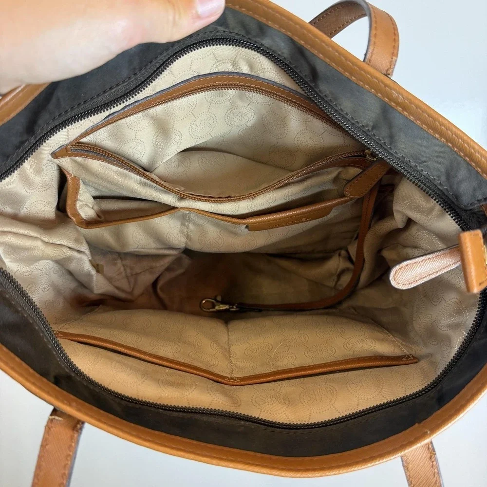 Michael Kors Tote Bag Womens Medium Black Nylon Leather Brown Trim Zip Pockets